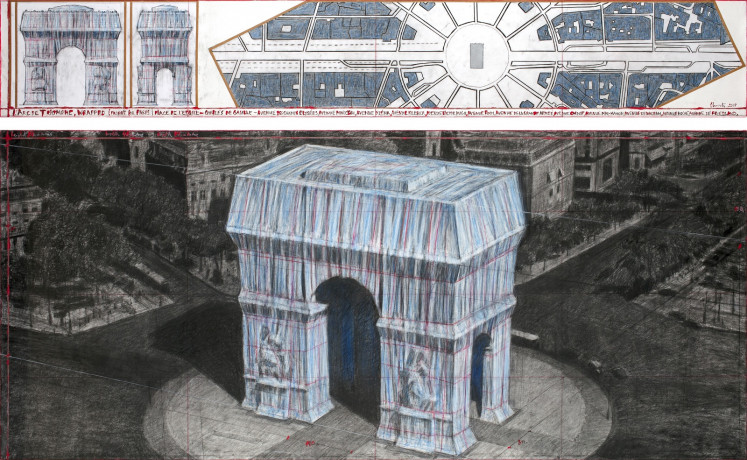 In this file handout picture taken and released on April 3, 2019, by the press office Christo and Jeanne-Claude - 2018 Christo, shows the preparatory drawings and collages by US artist Christo Vladimiroff Javacheff aka Christo, of the art installation 'L' Arc de Triomphe, Wrapped', in Paris. 