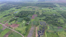 An aerial view of the ancient Maya Aguada Fenix site in Mexico's Tabasco state, with causeways and reservoirs in the front and the Main Plateau in the back, is seen in this image released on June 3, 2020.