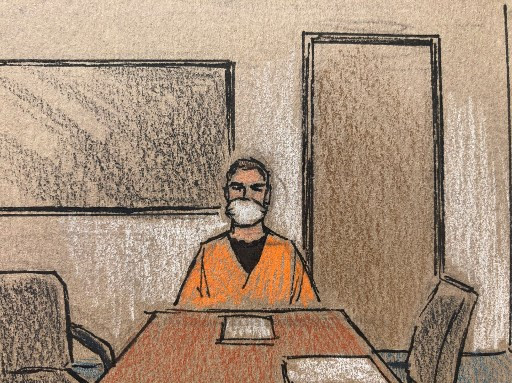 This courtroom sketch made on June 8, 2020 shows former Minneapolis police officer Derek Chauvin, appearing by video from a Minnesota state prison to face charges of second-degree murder, third-degree murder and manslaughter, during his first court appearance in Minneapolis, Minnesota. 
