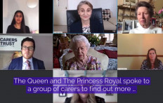 A screengrab taken from a video handout released by Buckingham Palace on June 11, 2020 shows Britain's Queen Elizabeth II (middle row C) at Windsor Castle, and Britain's Princess Anne, Princess Royal (top row R), during a Zoom video conference call with carers Alex (bottom), Amna (top row L), Mary (middle row R) and Nadia (top row C), who are all the primary carers for family members, and Carers Trust Chief Executive, Gareth Howells (middle row L), to mark Carers Week. 