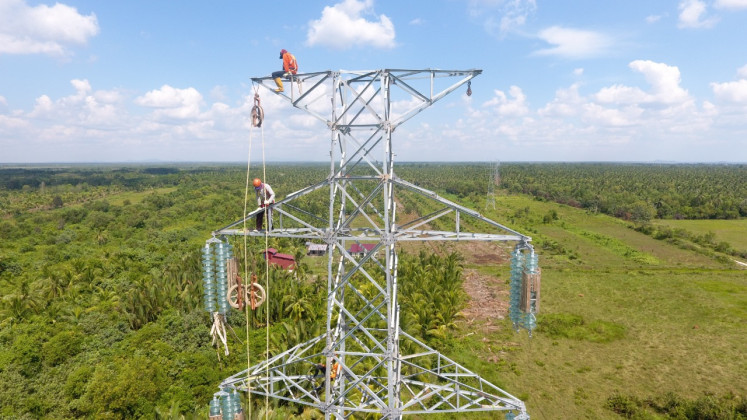 High wire act: State-run electricity company PT PLN's technicians work on a 150 kilovolt (kV) high-voltage powerline in West Kalimantan. The powerline's completion will raise the western Kalimantan electric grid's capacity by 4 percent to 45.1 megawatts (MW).