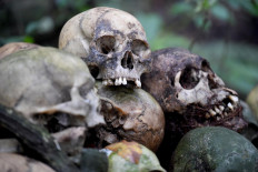 This picture taken on February 20, 2020 shows skulls at a cemetery where Bali's Trunyanese people hold open-air burials - before restrictions were implemented due to the COVID-19 coronavirus - near the village of Trunyan in Bangli Regency, near Lake Batur on Bali island. - For centuries Bali's Trunyanese people have left their dead to decompose in the open air, the bodies placed in bamboo cages until only the skeletons remain -- a ritual they haven't given up -- even as the COVID-19 pandemic upends burial practices worldwide. AFP/Sonny Tumbelaka
