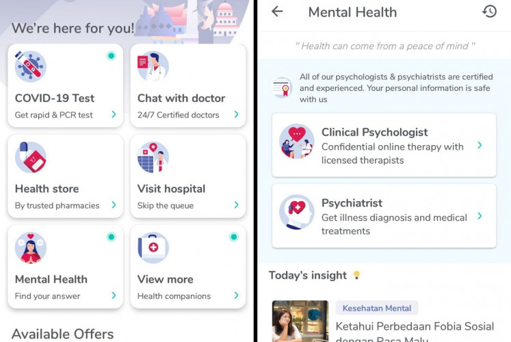 After clicking on the mental health icon (left), users can choose whether they want a confidential online therapy session with a licensed therapist via the Clinical Psychologist option or receive a diagnosis or seek medical treatment via the Psychiatrist option.