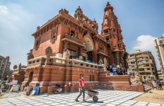 This picture taken on August 18, 2019 shows restoration works ongoing at the historic 'Le Palais Hindou' (also known as the 
