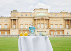A bottle of small-batch dry gin by the Royal Collection Trust, a spirit infused with lemon, verbena, hawthorn berries and mulberry leaves collected from Queen Elizabeth II's gardens at Buckingham Palace, is seen outside of the Buckingham Palace in this undated handout picture. 