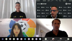 Screenshot of La Liga latest meeting with Asian journalists on Monday, attended by La Liga ambassador Luis Garcia (above left) and Gaizka Mendieta (below right).