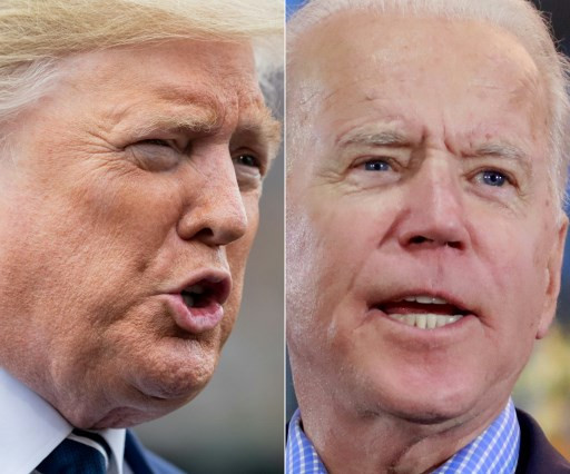 This combination of file photos shows US President Donald Trump(L) speaking to the media prior to departing from the White House in Washington, DC, on March 3, 2020, and Democratic presidential hopeful and former Vice President Joe Biden  at a Nevada Caucus watch party on February 22, 2020, in Las Vegas, Nevada, during the Nevada caucuses. - President Donald Trump assailed likely opponent Joe Biden as "not competent" to lead the country, speaking as polls over the weekend showed deepening voter disenchantment with his own handling of the coronavirus pandemic.
