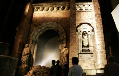 A replica of the Urakami Cathedral side wall after the 1945 atomic bombing is displayed at the Nagasaki Atomic Bomb Museum in Nagasaki, Aug. 7, 2005. 