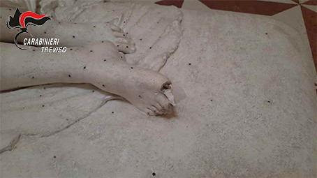 A photo released by Italian police shows damage to a 19th-century plaster model of 'Paolina Borghese Bonaparte as Venus Victrix' by sculptor Antonio Canova after a tourist leaned on it while posing for a photograph at the Gypsotheca Antonio Canova museum in Possagno, Italy, on July 31.