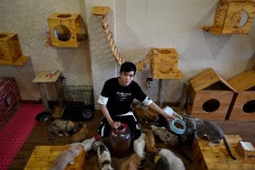 Nguyen Thanh Binh (left), owner of Ngao's Home, a one of its kind cafe and cat rescue place poses for a photograph while feeding the rescued cats in Hanoi on August 7, 2020, ahead of the International Cat Day. 
