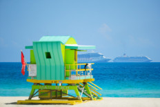The Costa Favolosa cruise ship (right) is seen off the coast on March 26, 2020 in Miami Beach, Florida. 
