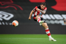 Southampton's Danish midfielder Pierre-Emile Hojbjerg has a shot on goal during the English Premier League football match between Southampton and Brighton and Hove Albion at St Mary's Stadium in Southampton, southern England on July 16, 2020.Tottenham signed Denmark midfielder Pierre-Emile Hojbjerg from Southampton in a reported £15 million ($19 million) deal on Tuesday.