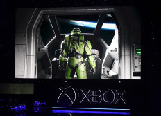 The video game 'Halo: Infinite' is promoted at the Microsoft Xbox press event ahead of the E3 gaming convention in Los Angeles on June 9, 2019.
