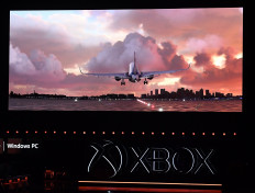 The video game 'Microsoft: Flight Simulator' is promoted at the Microsoft Xbox press event ahead of the E3 gaming convention in Los Angeles on June 9, 2019.
