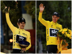This combination of file photographs created on August 19, 2020, shows Tour de France 2018 winner Great Britain's Geraint Thomas (L) on July 29, 2018, and Tour de France 2017 winner Great Britain's Christopher Froome (R) on July 23, 2017, as they celebrate their respective victories on the podium in Paris. Four-time Tour de France champion Chris Froome will not get the chance to end his spell with Team Ineos Grenadier with a tilt at a fifth crown after being omitted from the team for this year's race. The 35-year-old Kenyan-born British rider 