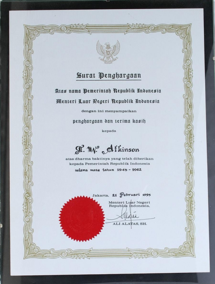 The Indonesian government presented in 1995 a plaque of appreciation, signed by Foreign Minister Ali Alatas, to Atkinson in recognition of his dedication to Indonesia.