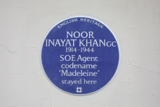 An English Heritage Blue Plaque is seen on the former family home of Second World War British secret agent Noor Inayat Khan in London on August 28, 2020. 