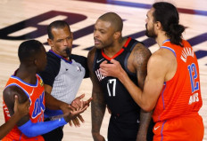 P.J. Tucker #17 of the Houston Rockets is held back by Steven Adams #12 of the Oklahoma City Thunder and referee Eric Lewis #42 after head butting Dennis Schroder #17 of the Oklahoma City Thunder during the third quarter in Game Five of the Western Conference First Round during the 2020 NBA Playoffs at the Field House at ESPN Wide World Of Sports Complex on August 29, 2020 in Lake Buena Vista, Florida. Both players were ejected. 
