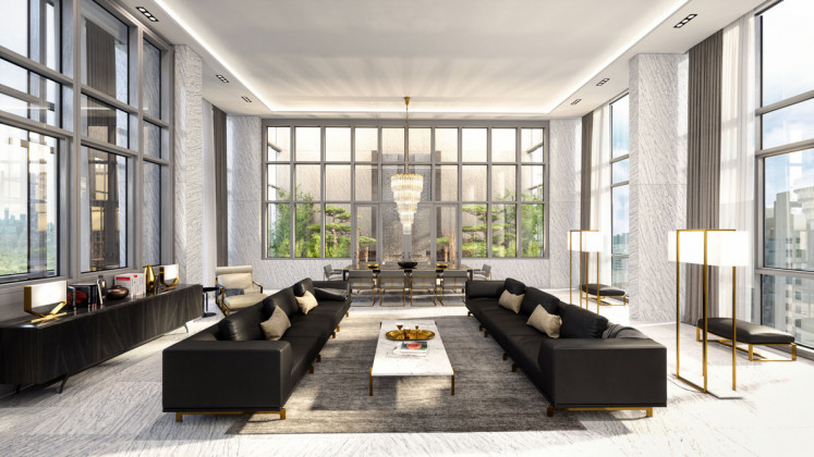 An artist’s impression of the living and dining area at Alba penthouse.
