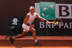 Rafael Nadal of Spain returns a forehand during a practice session on day one of the Internazionali BNL D'Italia ATP tour at Foro Italico on Monday in Rome, Italy. 

