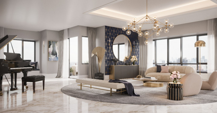 An artist’s impression of the living area at the Skyline @ Orchard Boulevard penthouse.