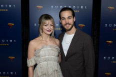 Supergirl star Melissa Benoist and actor Chris Wood attend the red carpet for the shows 100th episode celebration at the Fairmont Pacific Rim Hotel on December 14, 2019 in Vancouver, Canada. 