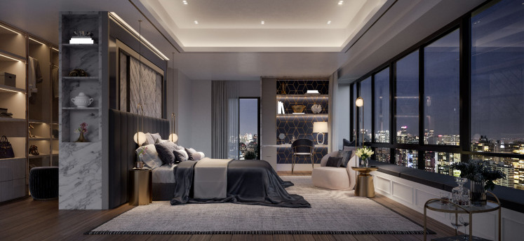 An artist’s impression of the master bedroom at Skyline @ Orchard Boulevard penthouse. Photo courtesy of: Far East Organization.