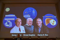 Nobel Committee member Patrik Ernfors sits in front of a screen displaying the winners of the 2020 Nobel Prize in Physiology or Medicine, (left to right) American Harvey Alter, Briton Michael Houghton and American Charles Rice, during a press conference at the Karolinska Institute in Stockholm, Sweden, on October 5, 2020. 