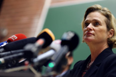 Belgian artist Delphine Boel, who now bears the name of Delphine de Saxe-Cobourg, reacts during a press conference on October 5, 2020, in Brussels, after a court ruling gave her right to the title of princess and the name Saxe-Cobourg. 
