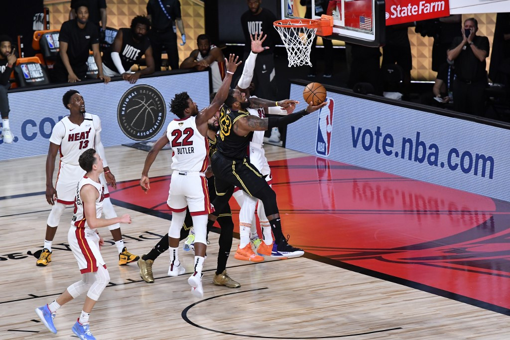 LeBron James #23 of the Los Angeles Lakers shoots the ball against the Miami Heat during Game Five of the NBA Finals on October 9, 2020 in Orlando, Florida at AdventHealth Arena. NOTE TO USER: User expressly acknowledges and agrees that, by downloading and/or using this Photograph, user is consenting to the terms and conditions of the Getty Images License Agreement. Mandatory 