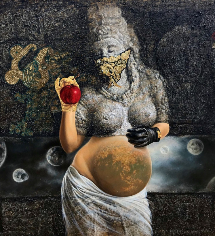 Twist: 'Ibu Semesta' (Mother of Universe), an acrylic, oil and java sand on canvas (2020) by Syis Paindow, features Eve in the form of a Javanese angel often found on temple reliefs.