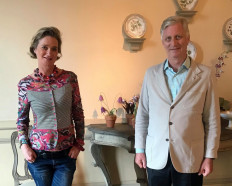 This handout picture taken on October 9, 2020 and released on October 15, 2020 by the Belgian Royal Palace shows Belgian princess Delphine and King Philippe - Filip of Belgium during a meeting at the Royal Castle in Laeken-Laken.