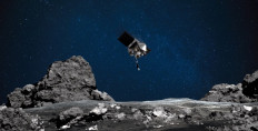 This NASA image obtained August 11, 2020 shows an artist's rendering of the OSIRIS-REx spacecraft descending towards asteroid Bennu to collect a sample of the asteroid’s surface. 