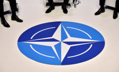 The NATO logo is pictured during a panel discussion at an official NATO outreach event, 'Nato Engages' in central London on December 3, 2019, prior to the NATO alliance summit. 