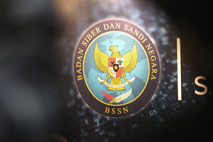 The logo of the National Cyber and Encryption Agency (BSSN) is seen on March 15, 2019, at the agency’s office in Jakarta.