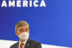 United States Ambassador to Indonesia Sung Yong Kim attends an event hosted by GP Ansor, the youth wing of Indonesia's largest Islamic organization Nahdlatul Ulama, in Jakarta on Oct. 29, 2020. During the event, US Seceretary of State Mike Pompeo gives a speech about religious diversity and calls Indonesian Muslims to speak up against China's alleged human rights abuses against the Uighur minority.