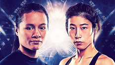 The banner of ONE: INSIDE THE MATRIX II's match between Priscilla Hertati Lumban Gaol of Indonesia (left) and Meng Bo of China.