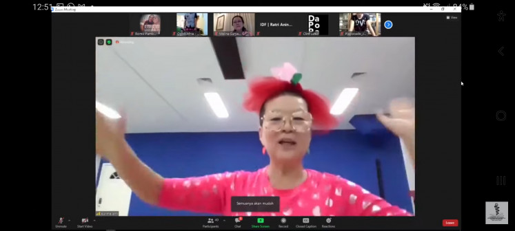Virtual performance: South Korean dance choreographer Ahn Eun-me gives a workshop on her 1'59 Project Indonesia through Zoom in the lead up to the Indonesian Dance Festival (IDF) beginning this weekend.