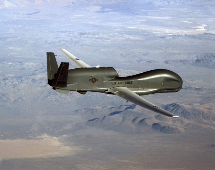 This undated US Air Force file photo released on June 20, 2019, shows a photo of an RQ-4 Global Hawk unmanned surveillance and reconnaissance aircraft. A US spy drone was some 34 kilometers from the nearest point in Iran when it was shot down over the Strait of Hormuz by an Iranian surface-to-air missile on June 20, 2019, a US general said. 
