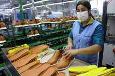 A worker inserts insoles inside shoes at shoe factory Ambitious amid the coronavirus disease (COVID-19) outbreak, in Guimaraes, Portugal, on November 5, 2020. 