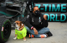  Mercedes' Lewis Hamilton poses with his dog as he celebrates after winning the race, held at the Istanbul Park circuit, Istanbul, Turkey on Sunday.