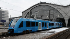 A hydrogen-powered train, by French train maker Alstom, arrives at the station of Leipzig, eastern Germany, on February 1, 2019, for its first ride on a commuting connection between Leipzig and Grimma, Saxony.