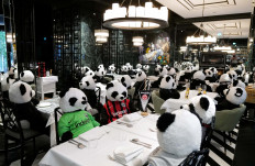 Fluffy toy panda bears as part of the art installation 'Panda mic' by Italian restaurant owner Giuseppe Fichera are seen at his restaurant Pino to raise awareness of the COVID-19 lockdown's business impact on gastronomy in Frankfurt, Germany, on November 24, 2020. 