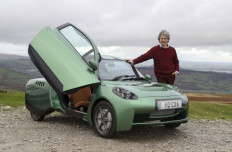 Hugo Spowers, chief engineer and founder of Riversimple, poses for a photograph with one of his company's hydrogen powered 'Rasa' cars in Llandgynidr, near Brecon in Wales on November 23, 2020. 