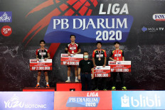 Champions of the age 19 category for men's singles pose for a photograph at the end of the second batch of the 2020 PB Djarum League, which was held at the Jati Sports Center in Kudus, Central Java, from Dec. 7 to 13.