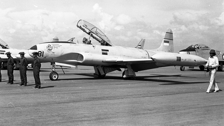 The Indonesian Air Force' T-33 Shooting Star jet trainers are seen during a ceremony inducting them as interceptors under the National Air Defense Command (Kohanudnas) at the Iswahjudi Air Force Base in Madiun, East Java, in May 1974.  
