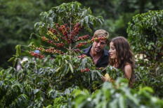 Colombian actress Laura Londono (right) and Cuban actor William Levy perform a scene during the production of a new version of the Colombian soap opera Cafe in the municipality of Chinchina, Caldas Department, Colombia, on December 8, 2020, amid the COVID-19 coronavirus pandemic. 
