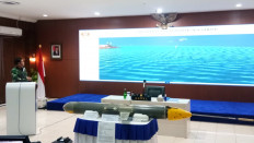 Indonesian Navy chief of staff Adm. Yudo Margono gives a presentation of a sea glider, a type of unmanned underwater vehicle (UUV), at the Naval Hydrography and Oceanography Center (Pushidrosal) in Ancol, North Jakarta, on Monday, Jan. 4, 2021.