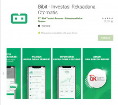 A screenshot shows the Google Play Store page for Bibit, an investment app launched in 2019 by investment start-up Stockbit. 
