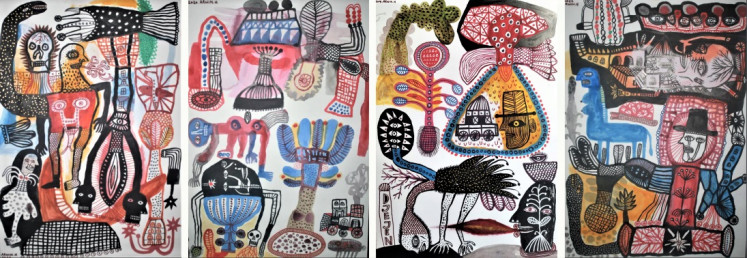 Motifs at play: Arwin Hidayat combines primitive, contemporary and batik motifs in his quadtych, 'Tolong Bu Dokter' (Help me, Madam Doctor, 2018-2019).